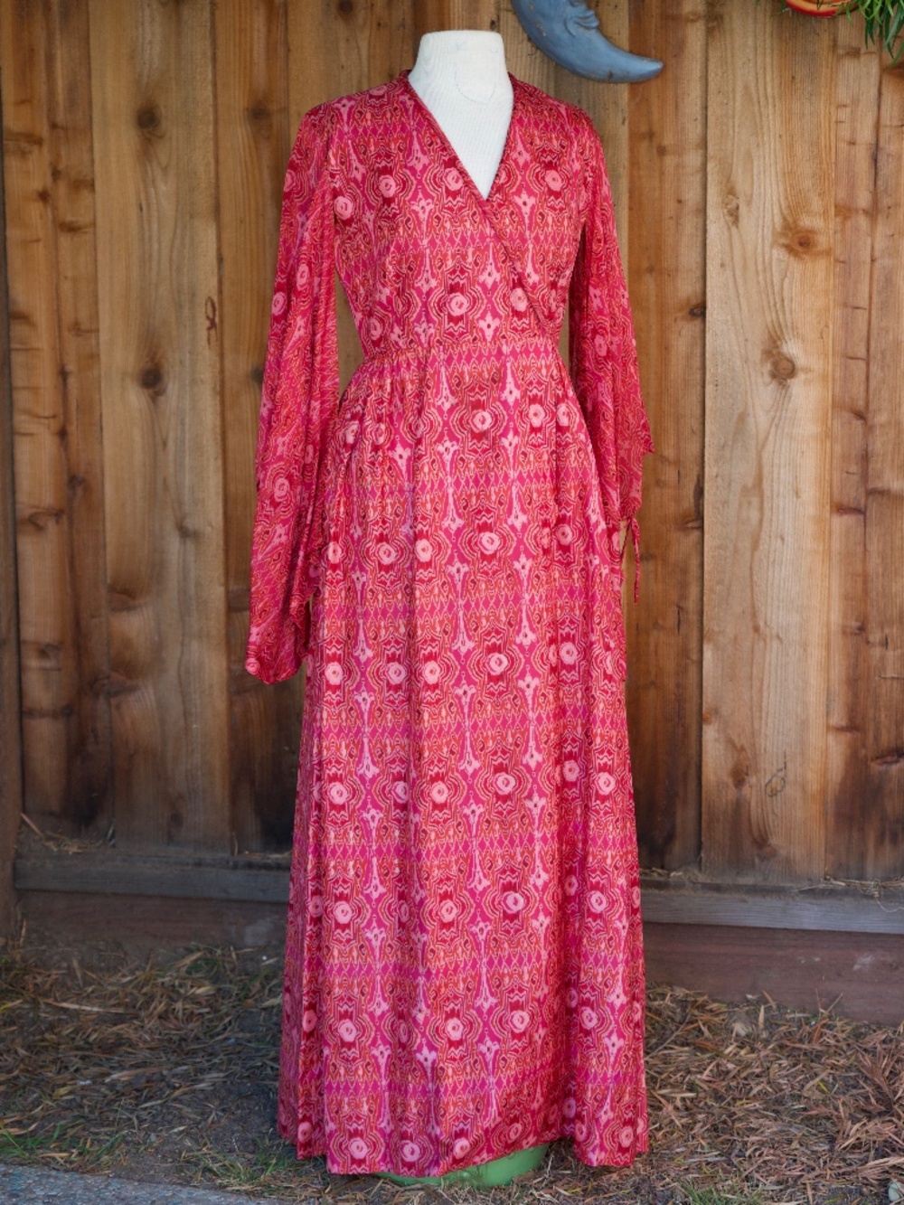 Vintage 70's Aananda 100% Silk Pink Peasant Boho Maxi Dress Made In India M